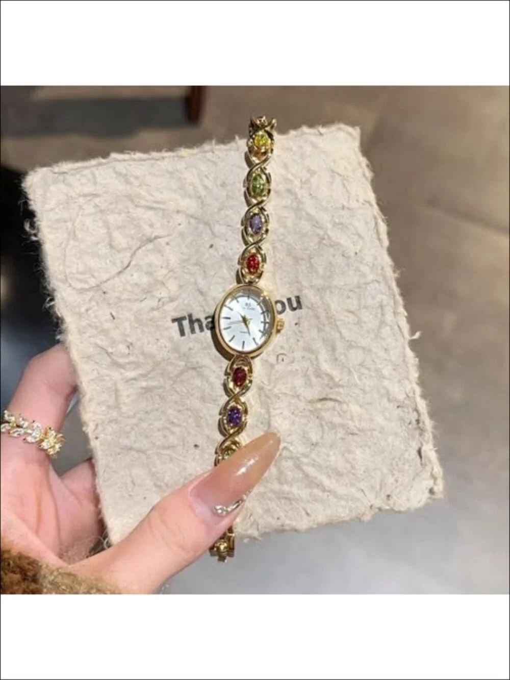 Gold Tone Bracelet Watch with Oval Jade Dial Quartz Movement Water Resistant 30m